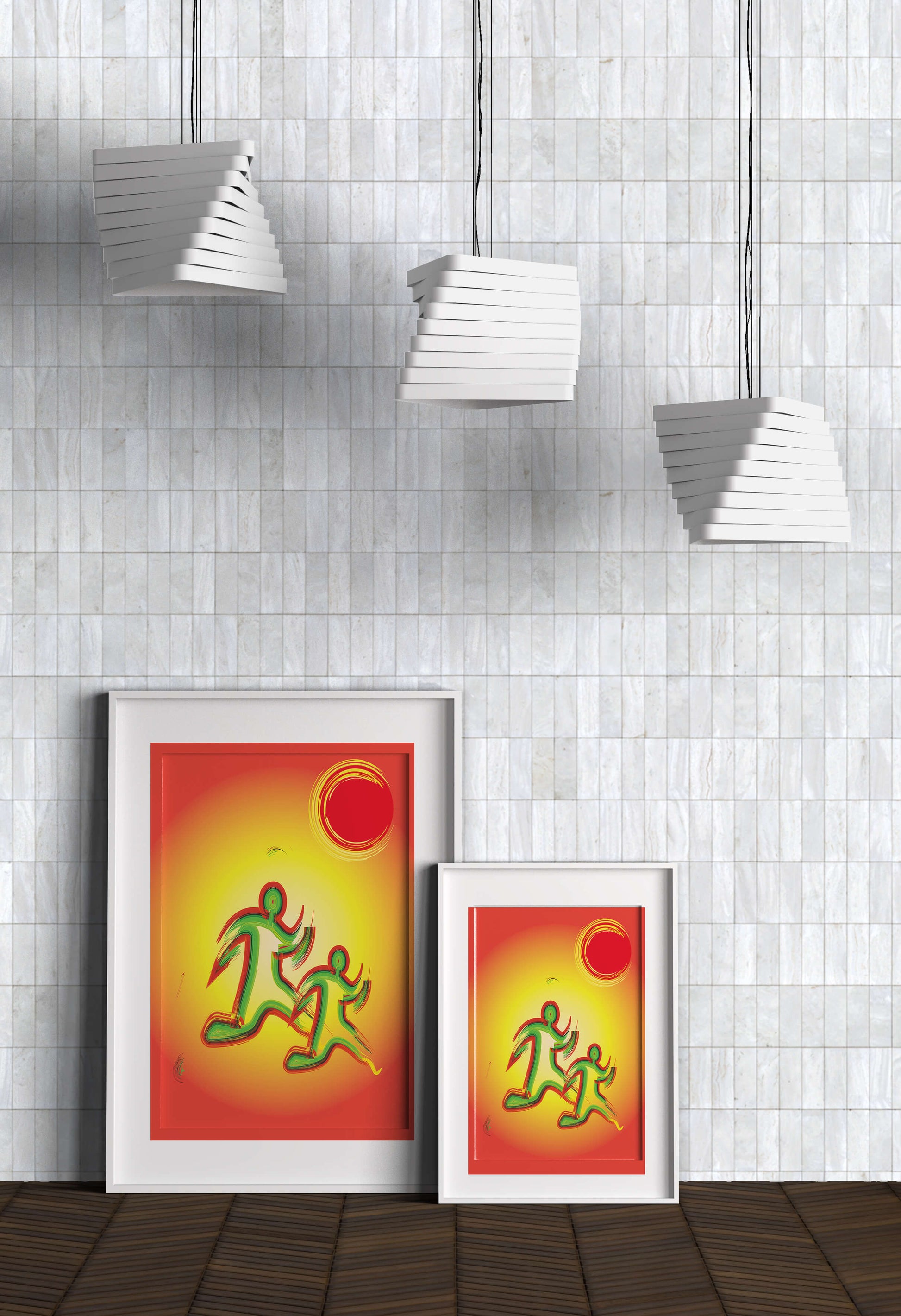 Abstract colorful figures under a vibrant sun with warm tones