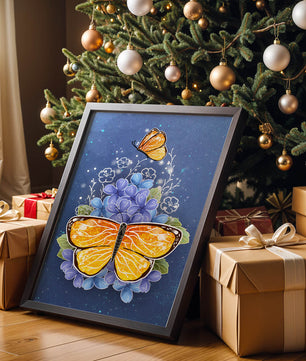 Colorida ilustración de mariposa y flores azules