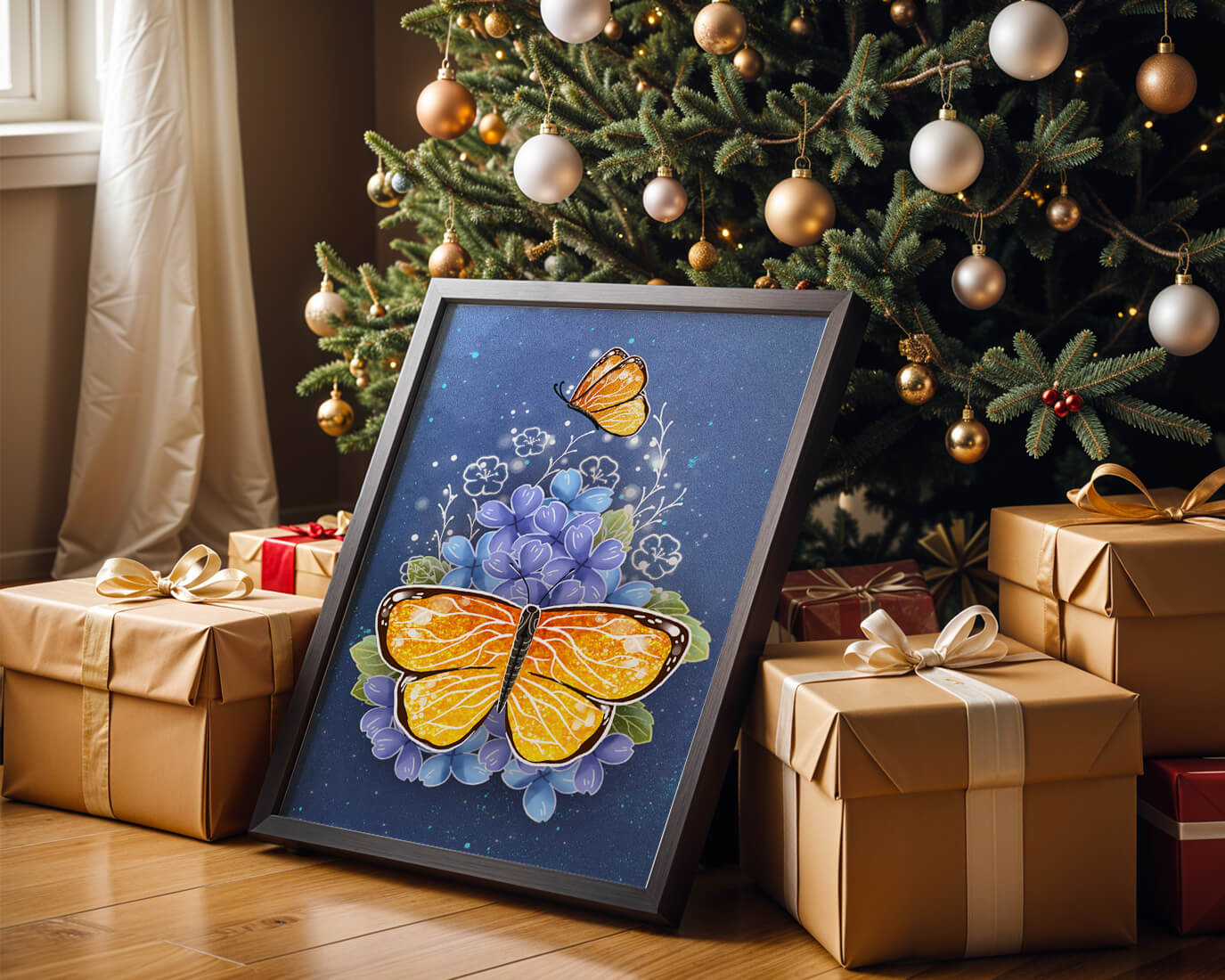 Colorida ilustración de mariposa y flores azules