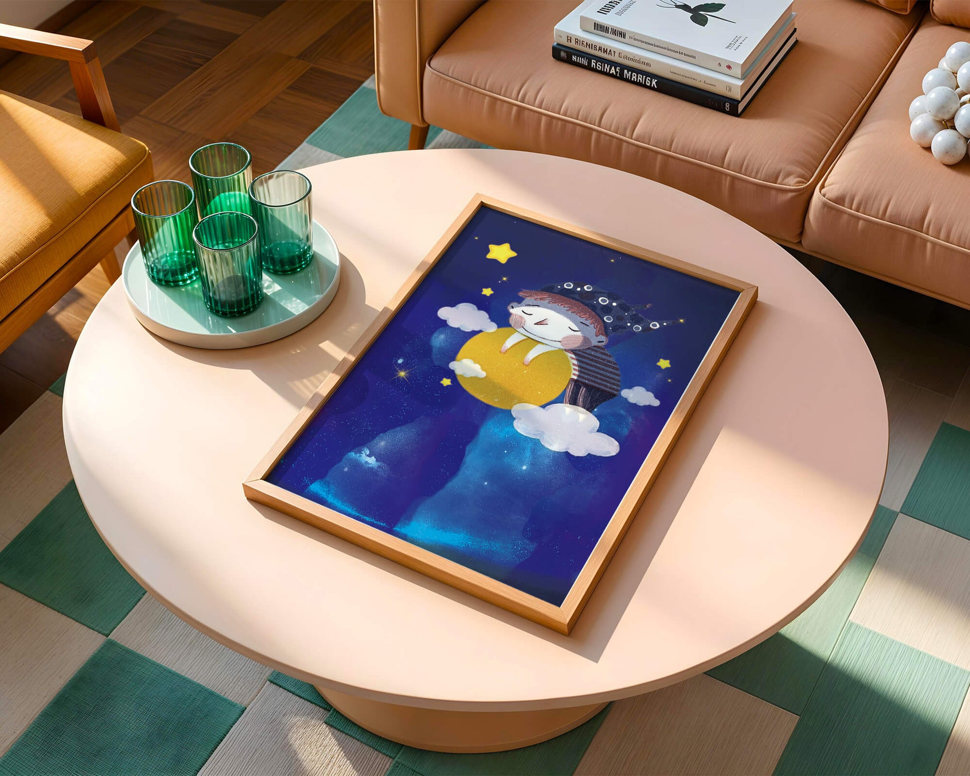 Dreamy Nighttime Scene with a Child Hugging the Moon