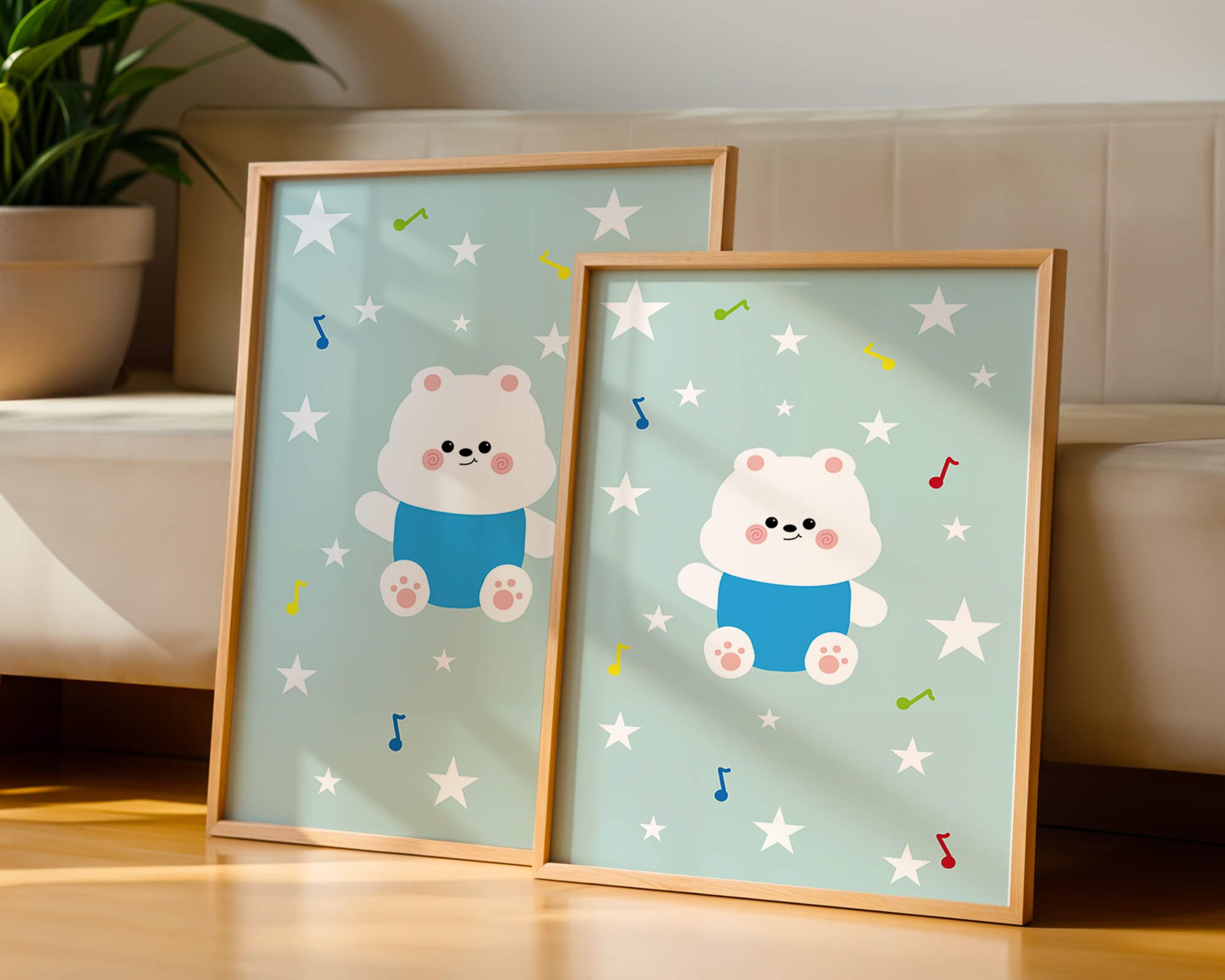 Playful bear illustration with musical notes and stars