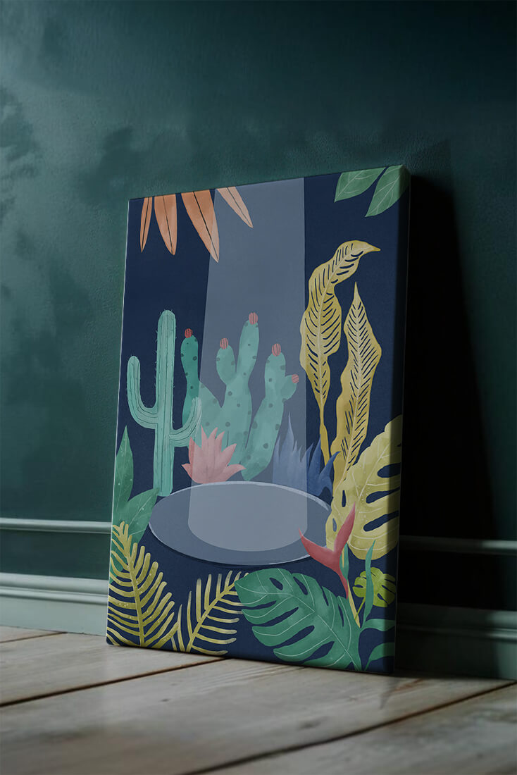 Colorful botanical illustration featuring cacti and tropical leaves