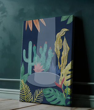 Ilustración botánica colorida con cactus y hojas tropicales