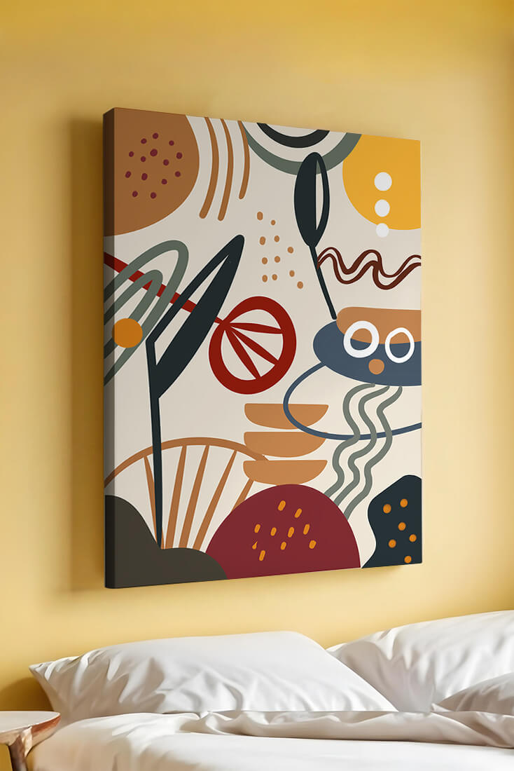 Arte geométrico abstracto con patrones y colores llamativos.