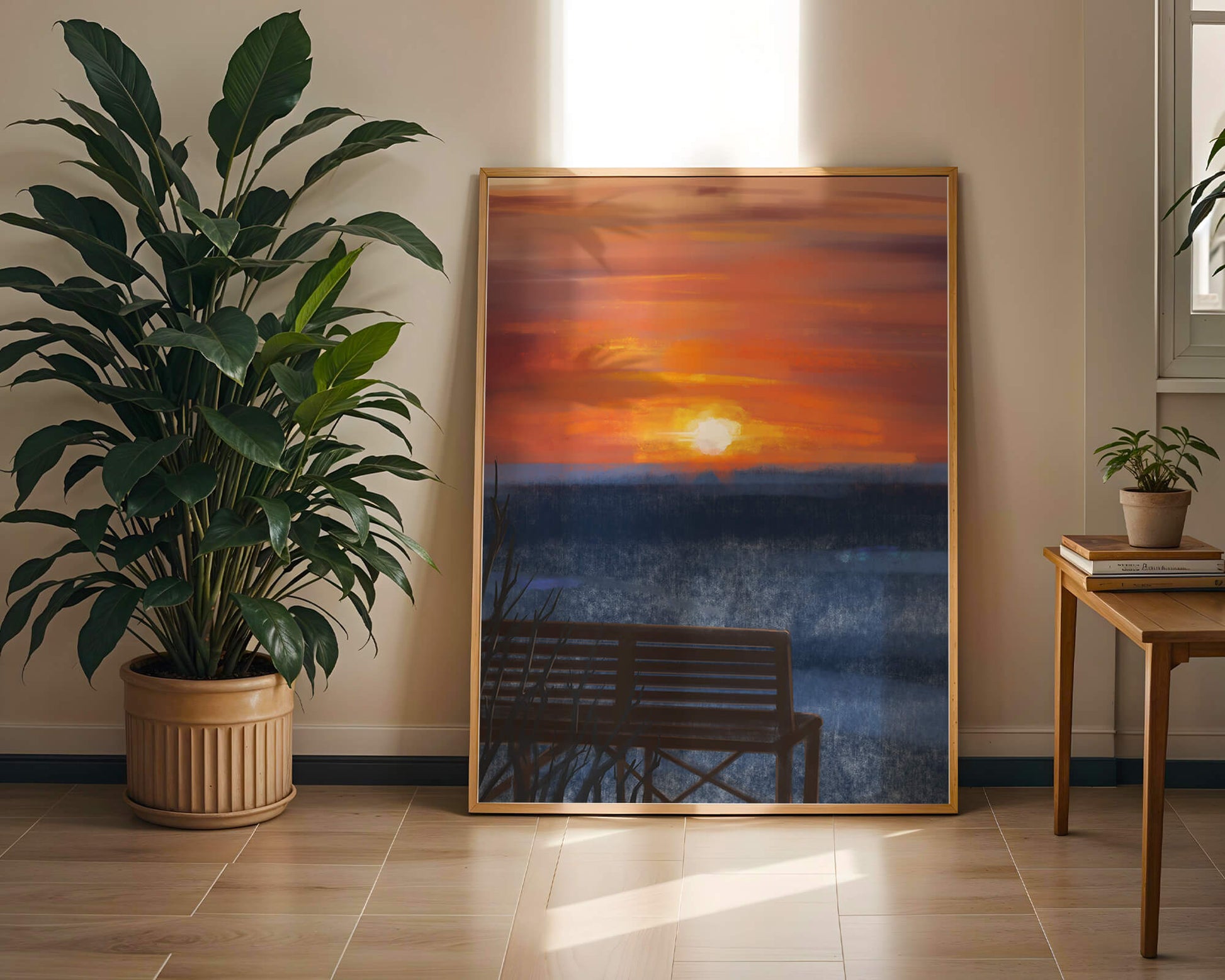 Serene Sunset Overlooking the Ocean with a Wooden Bench