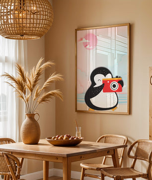 Whimsical penguin illustration with a camera on a pastel beach