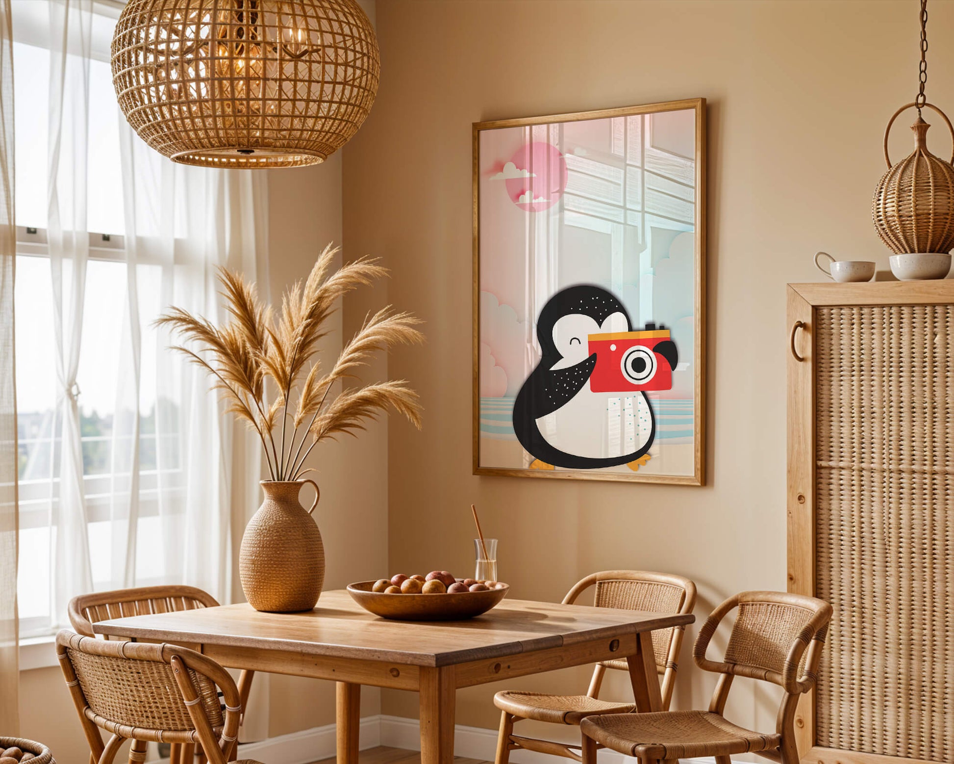 Whimsical penguin illustration with a camera on a pastel beach