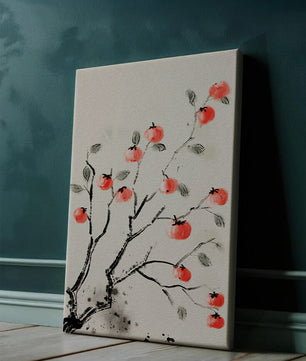 Elegant botanical illustration with vibrant red fruit on branches