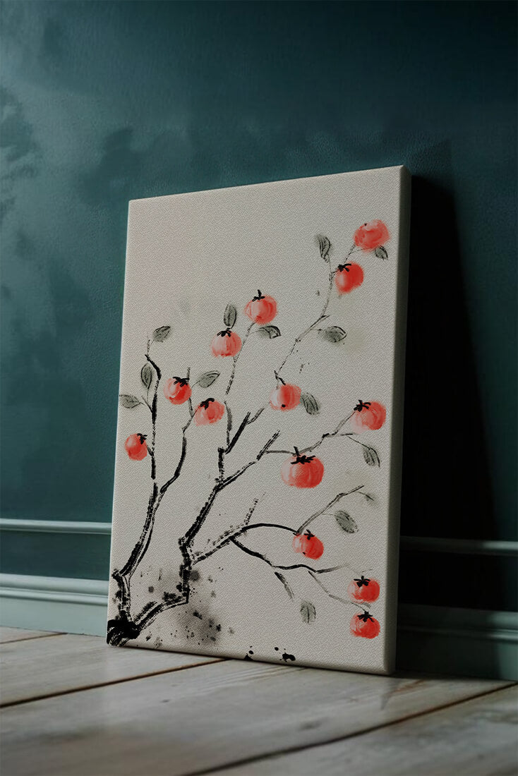 Elegant botanical illustration with vibrant red fruit on branches