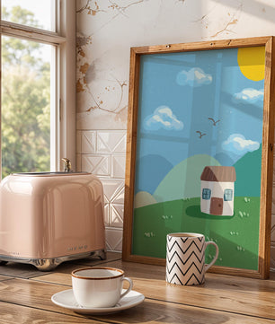 Illustration of a small house on a sunny hillside with clouds in a blue sky