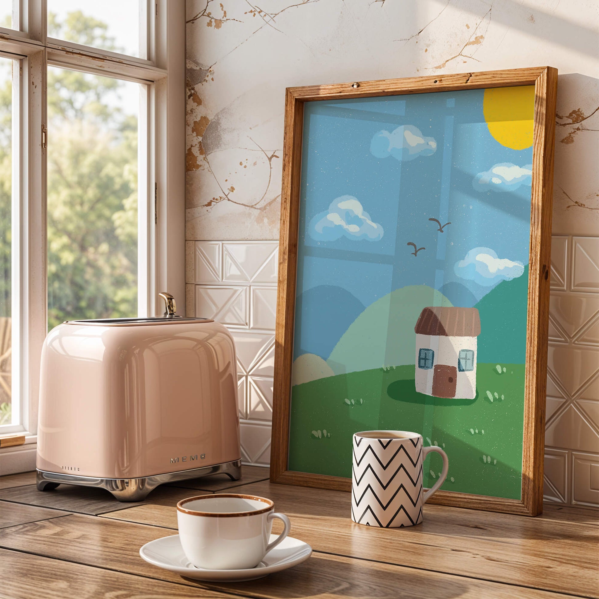 Illustration of a small house on a sunny hillside with clouds in a blue sky