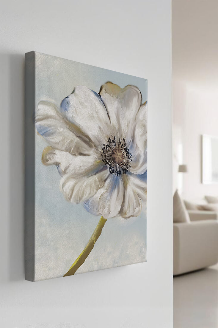 Captivating white flower art with blue hues on a pastel background