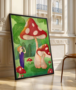 Playful illustration of a child with oversized mushrooms in a whimsical forest setting