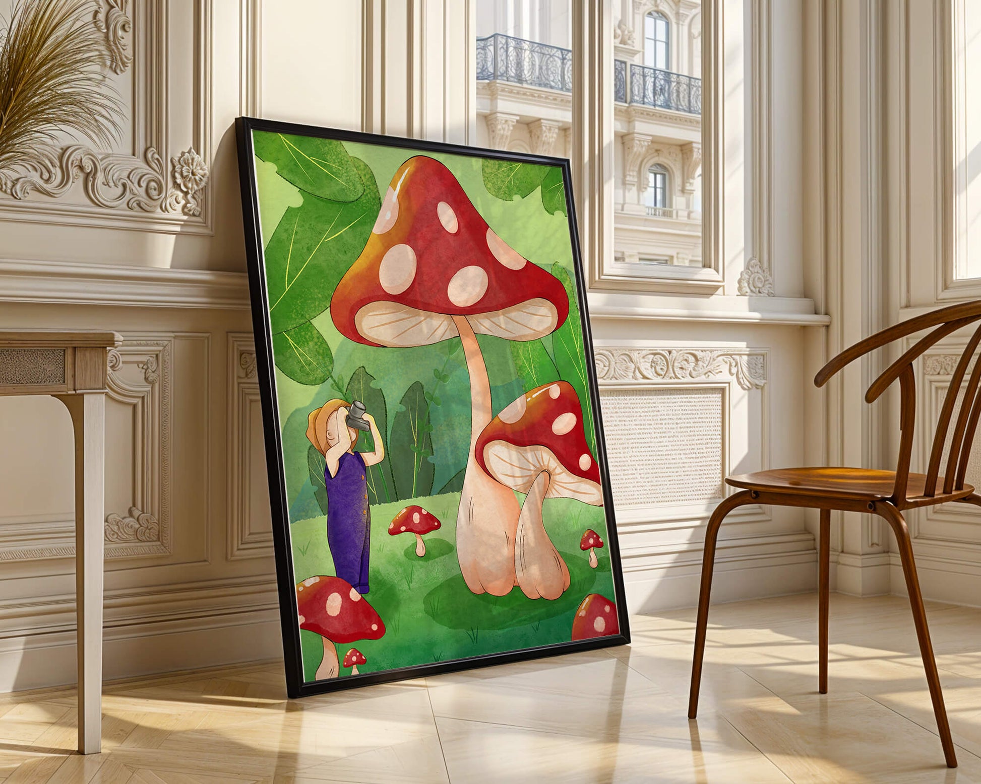 Playful illustration of a child with oversized mushrooms in a whimsical forest setting