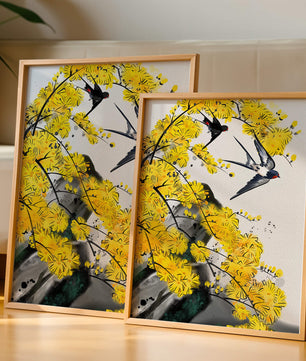Representación artística de golondrinas entre flores amarillas vibrantes