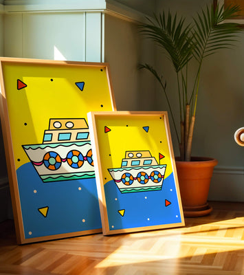 Colorful boat illustration with cartoon elements