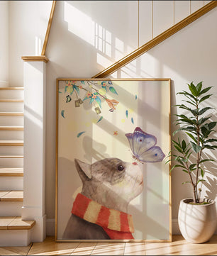 Cat Staring at Butterfly with Floral Elements - Mi tienda