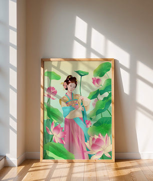 Traditional Asian woman in a garden surrounded by lotus flowers and green leaves