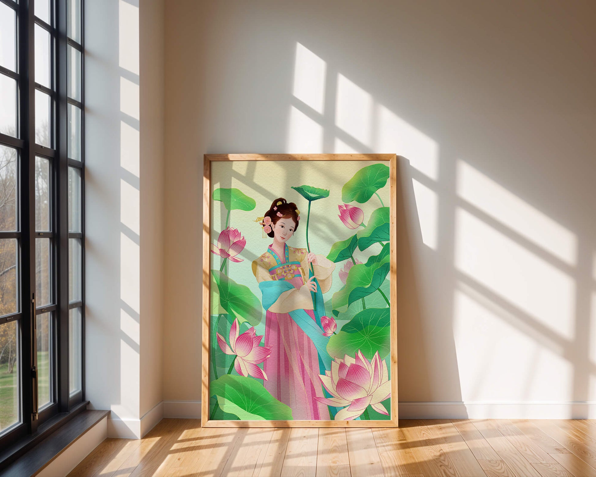 Traditional Asian woman in a garden surrounded by lotus flowers and green leaves