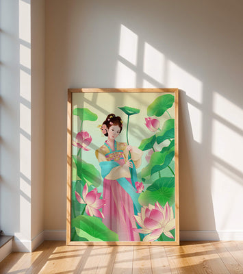 Traditional Asian woman in a garden surrounded by lotus flowers and green leaves