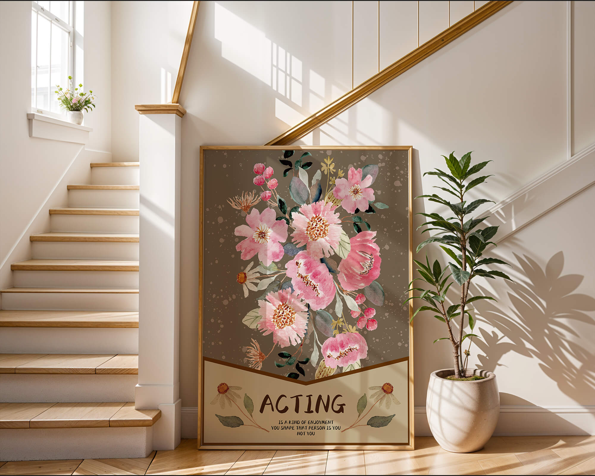 Floral watercolor illustration with motivational text on a brown dotted background