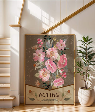 Ilustración acuarela floral con texto motivacional sobre un fondo marrón punteado