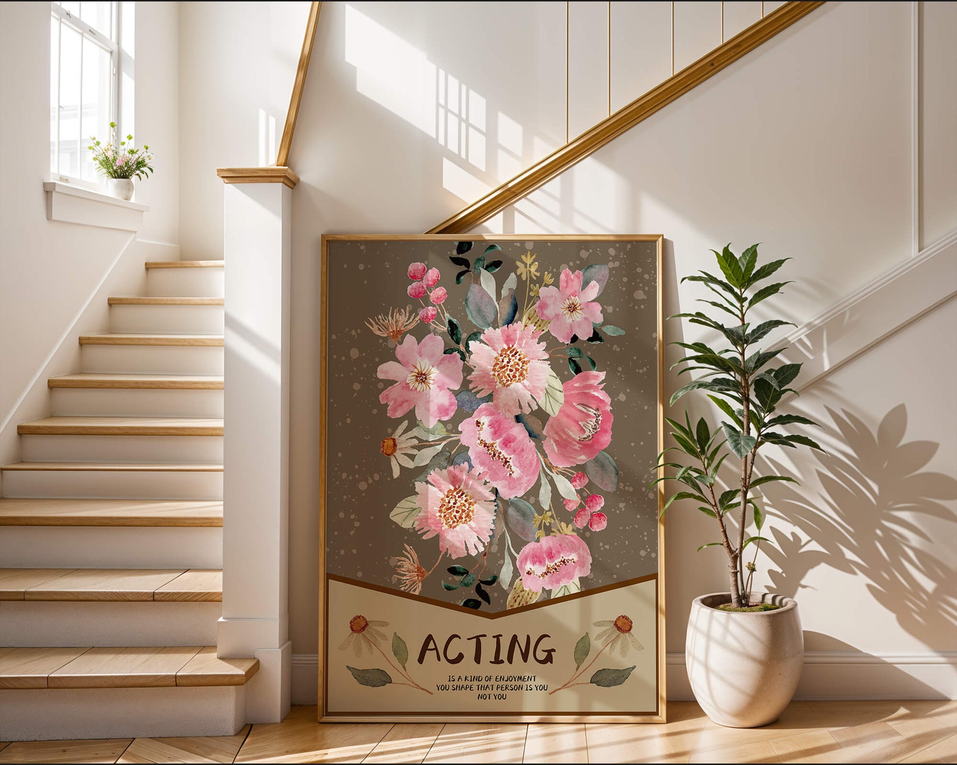 Floral watercolor illustration with motivational text on a brown dotted background