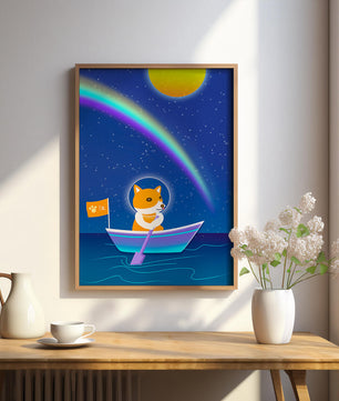Dog in a Boat Under a Starry Sky with a Rainbow and Sun - Mi tienda