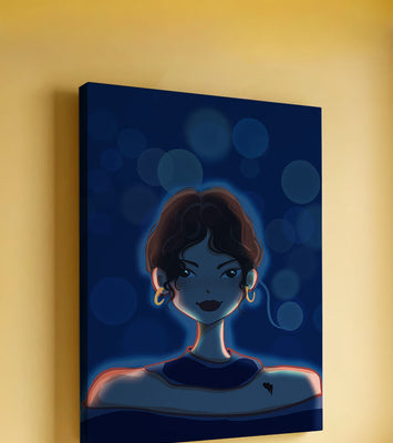 Illustration of a woman with bokeh lights and stylish earrings