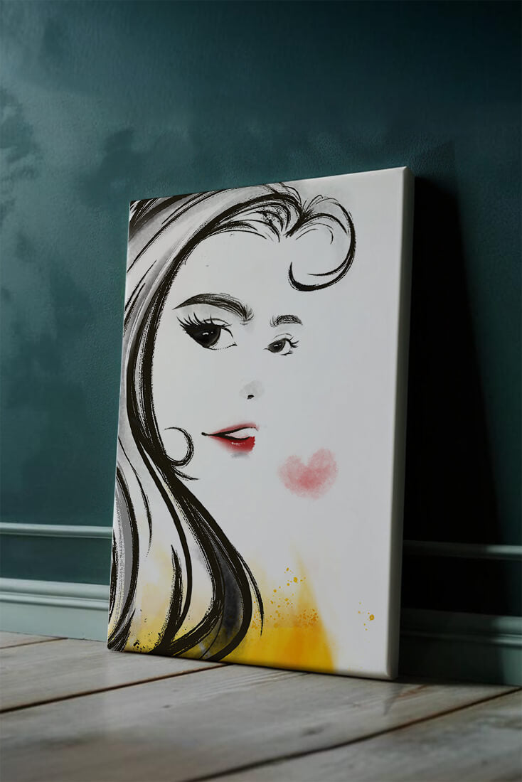 Elegant portrait sketch with red lips and a heart motif