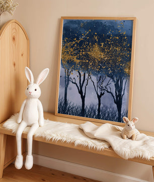 Mystical forest landscape with gold splatter art