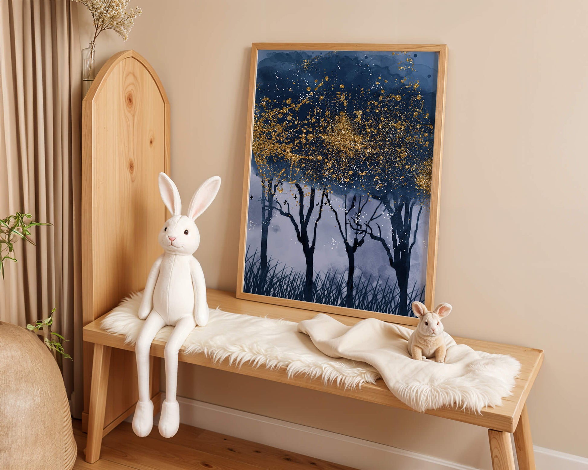 Mystical forest landscape with gold splatter art