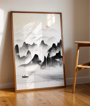 Peaceful mountain landscape with mist and rising sun
