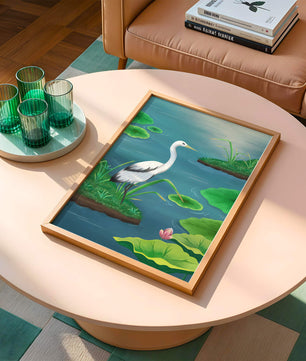 Serene wetland scene with white crane and water lilies