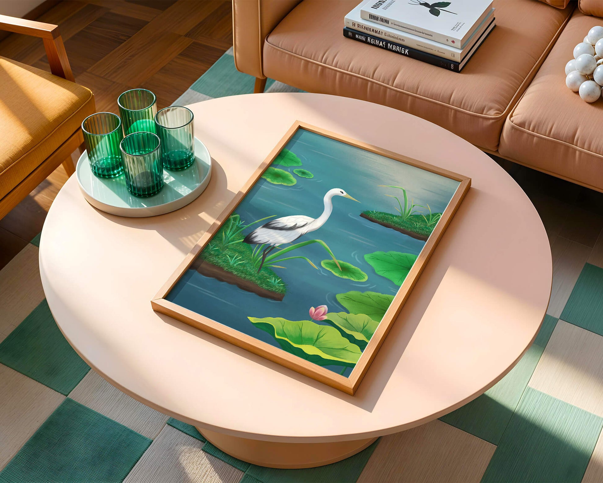 Serene wetland scene with white crane and water lilies