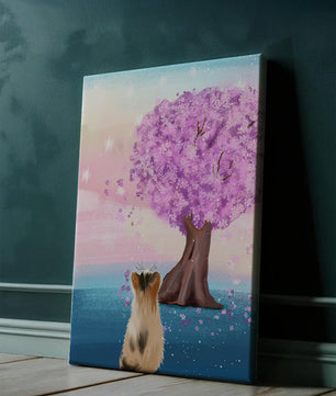 Serene scene with cat and blossoming cherry tree at sunrise