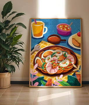 Escena ilustrativa de desayuno colorida con pasta y bebidas
