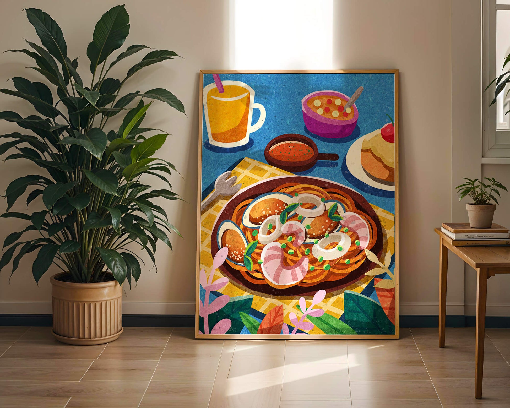 Colorful Illustrative Breakfast Scene with Pasta and Drinks