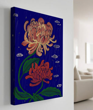 Colorful chrysanthemum illustration on dark blue background