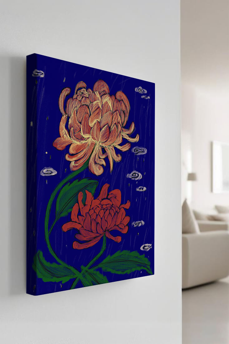 Colorful chrysanthemum illustration on dark blue background