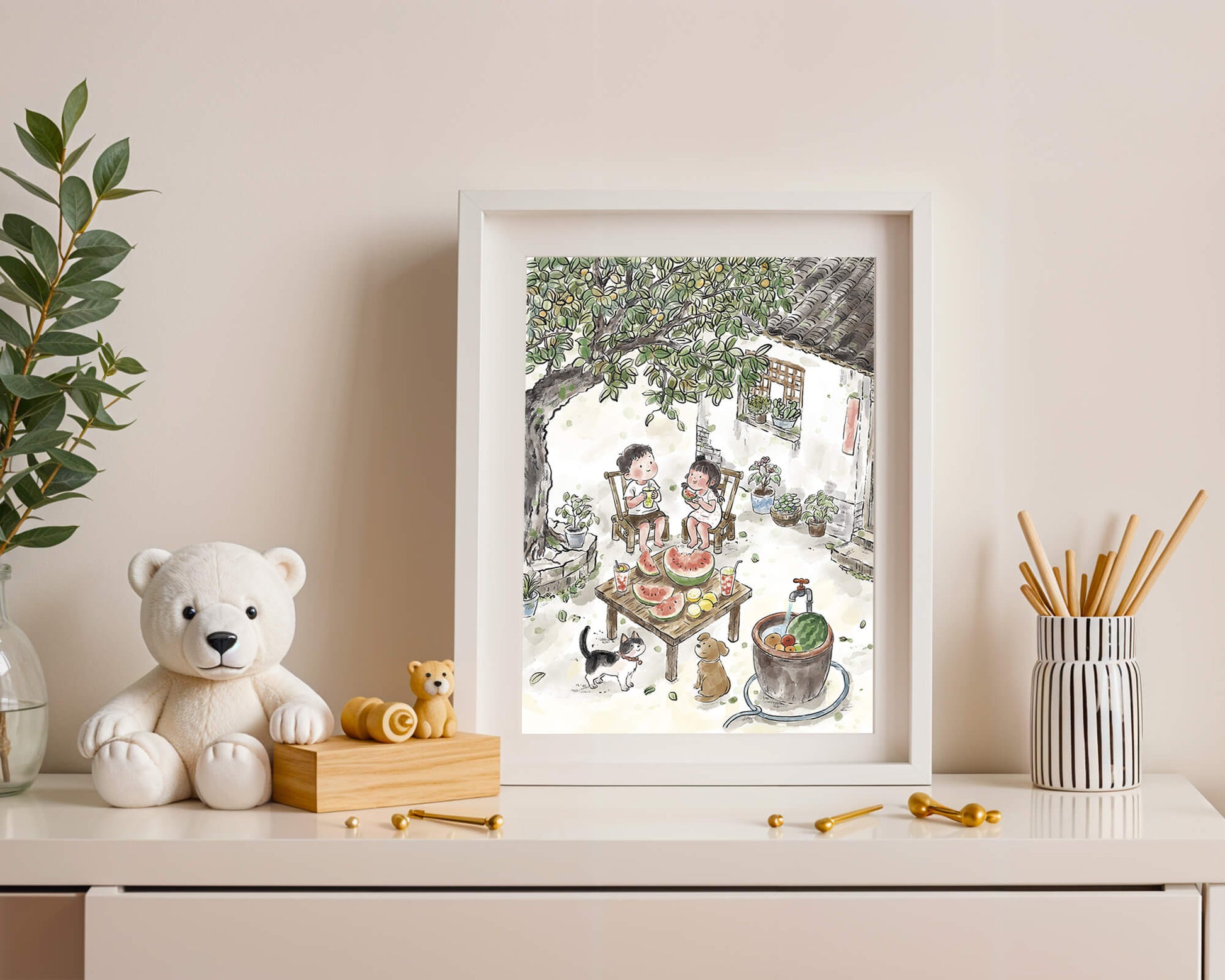 Encuentro acogedor en el patio trasero de verano con sandía y mascotas