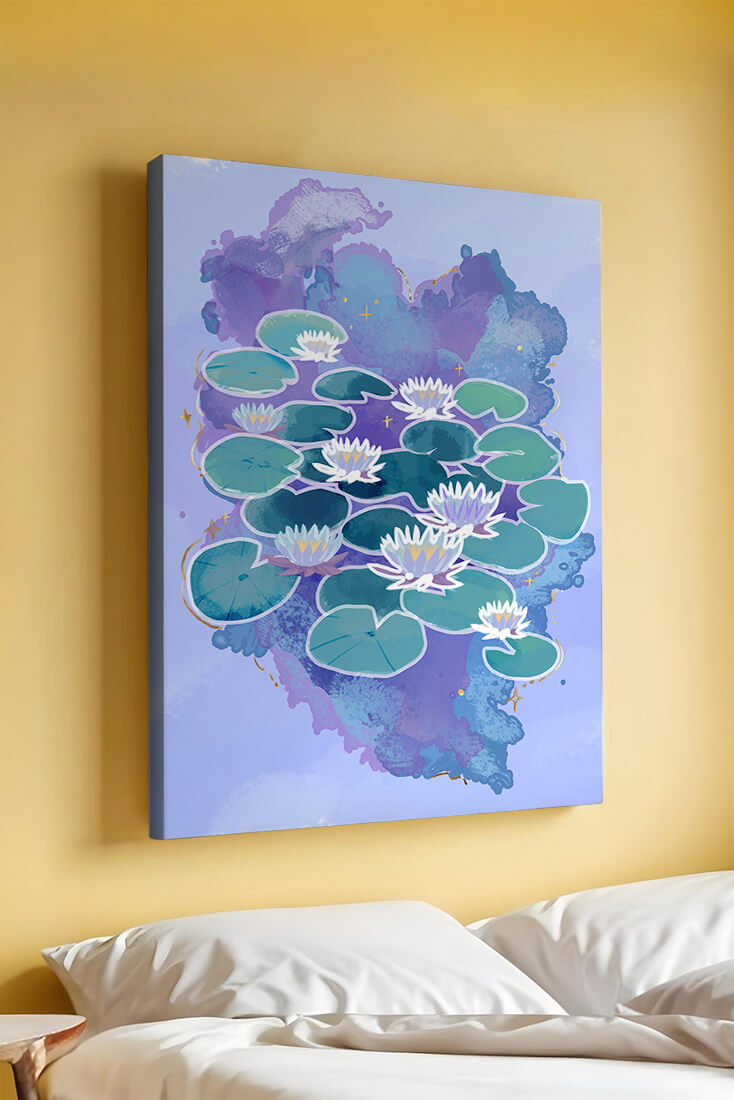 Serene aquatic scene with water lilies on abstract colorful background