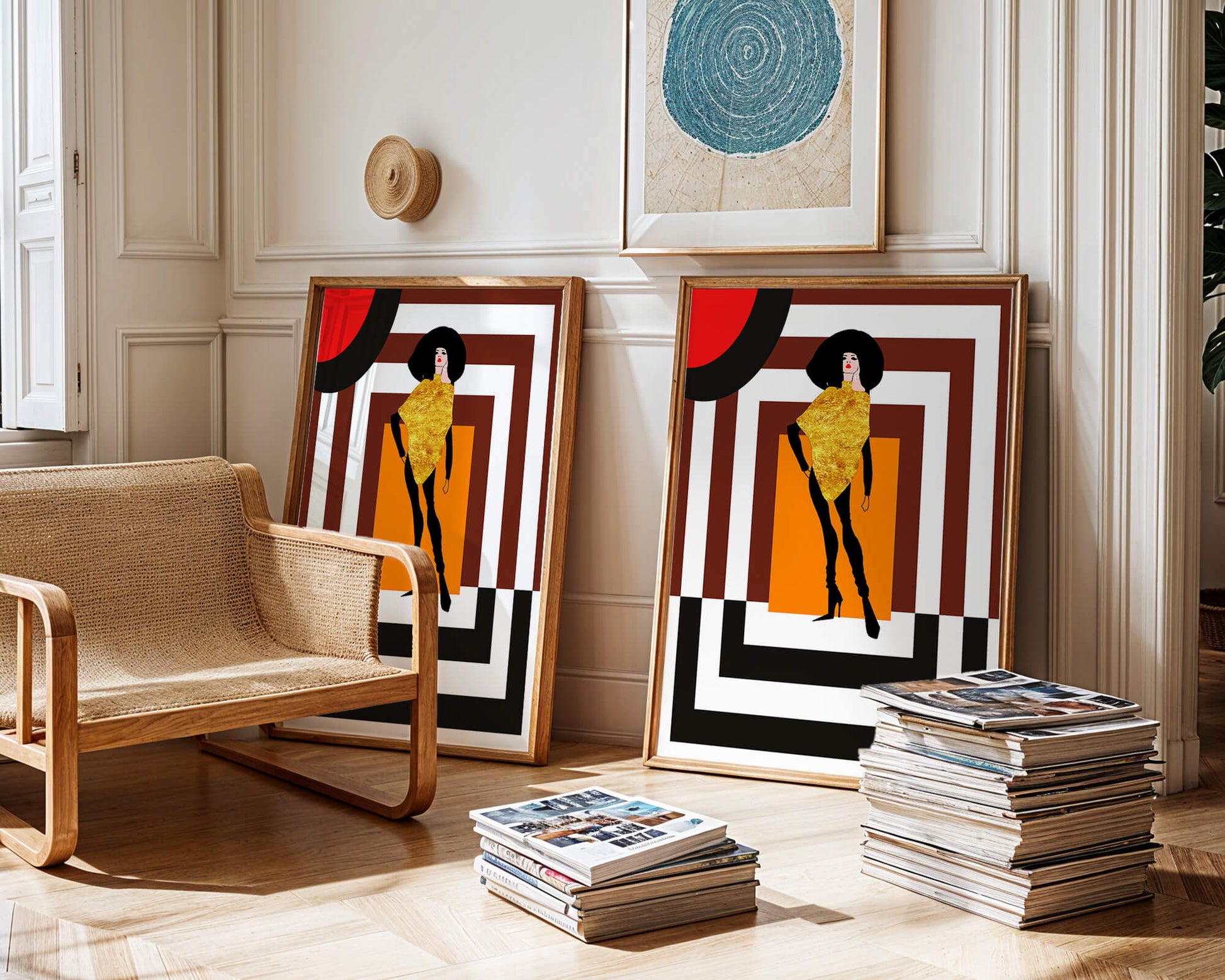 Fashion Illustration with Figure in Gold and Geometric Background