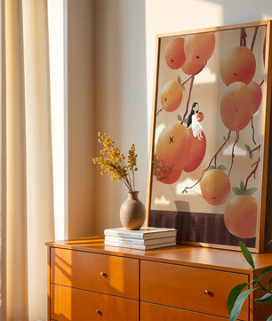 Whimsical illustration of girl with giant oranges and branches
