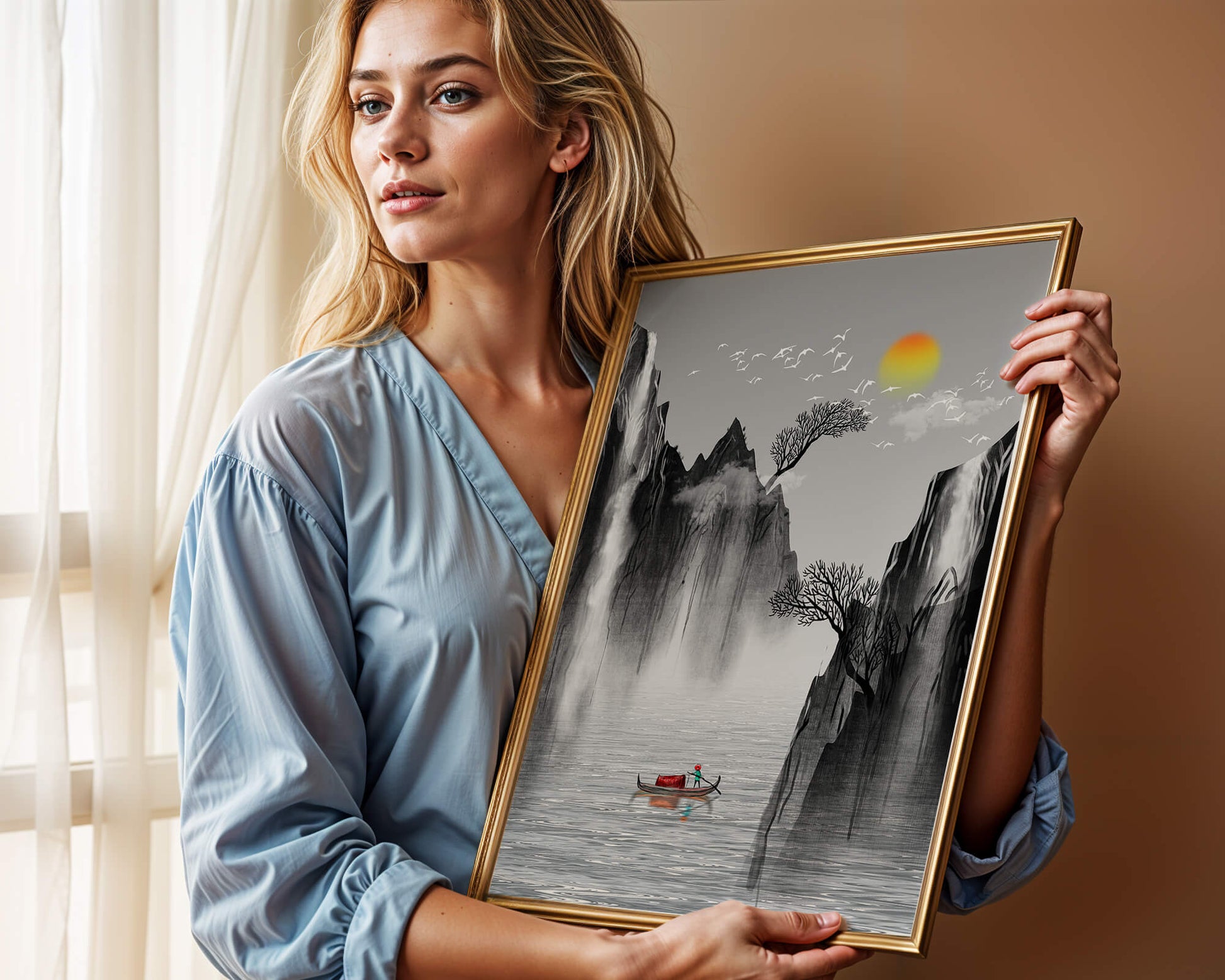 Serene landscape with mountains, river, and a boat under the sun