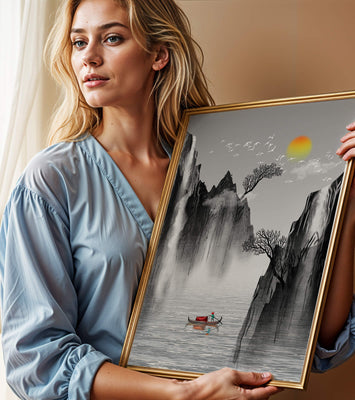 Serene landscape with mountains, river, and a boat under the sun