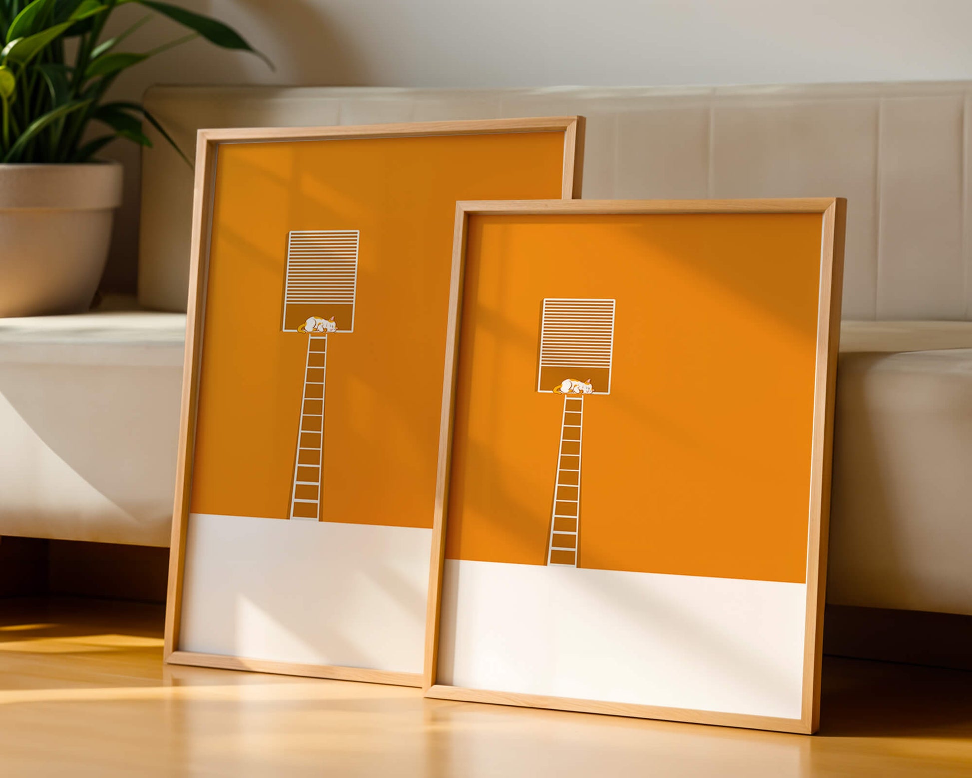 Cat Sleeping on Elevated Platform Against Orange Background