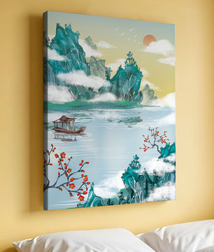 Serene lake scene with traditional boat and mountains under morning sun