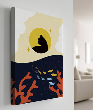 Ruhiges abstraktes Design mit Katzensilhouette und lebendiger Unterwasserszene