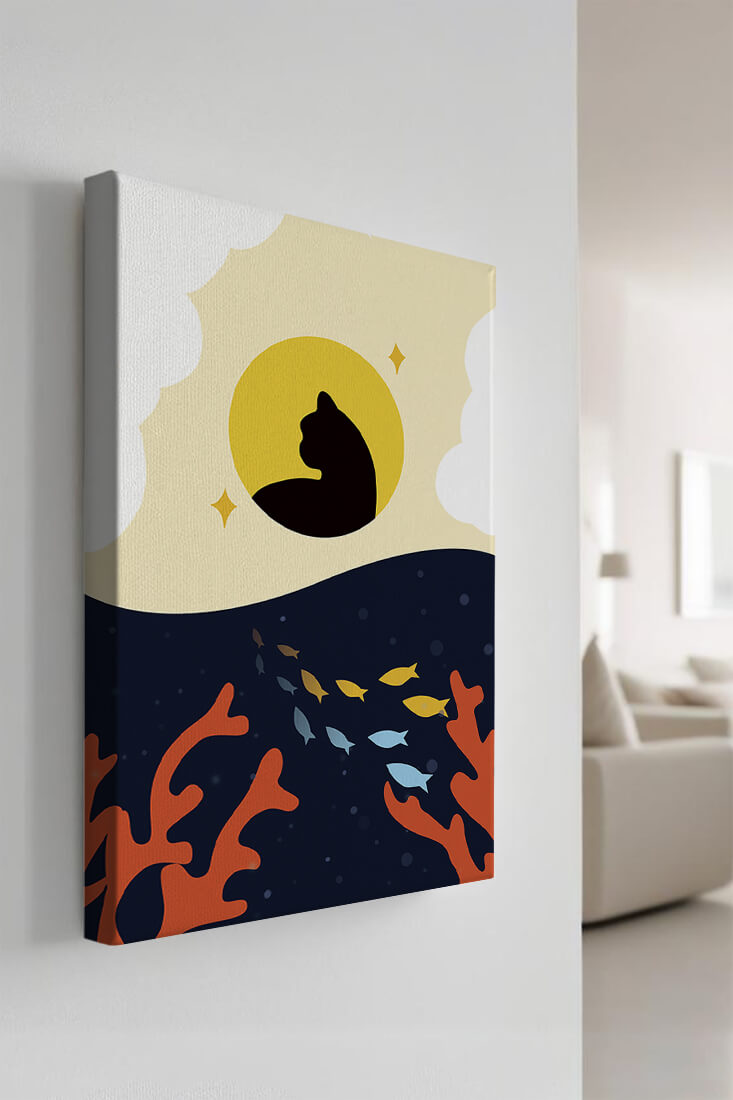 Ruhiges abstraktes Design mit Katzensilhouette und lebendiger Unterwasserszene